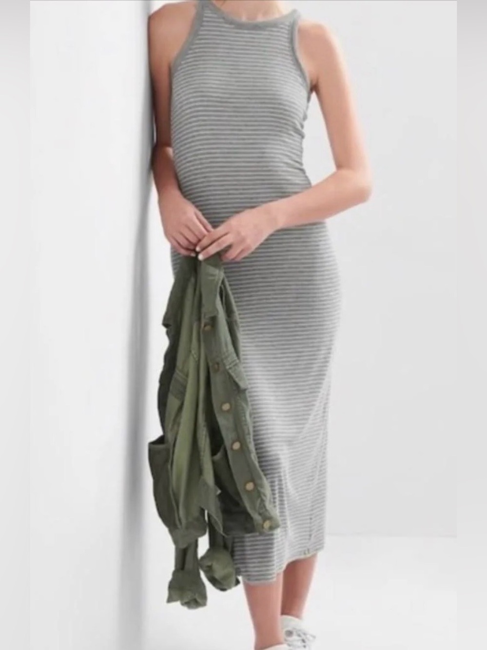 GAP Gray Striped Sleeveless Midi Dress